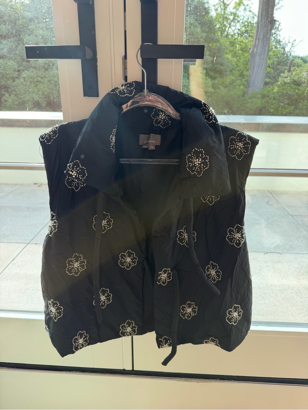 Anthropologie Black Quilted Jacket with Beaded Floral Accents
